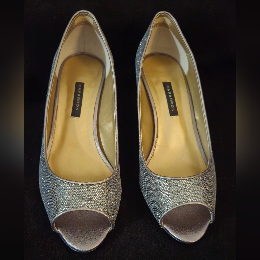 Caparros Silver Glittery Leather Peep-Toe Women's Shoes - Size 9
